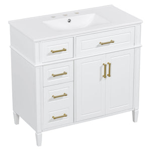 English Elm 36 Inch Freestanding Bathroom Vanity Sage Pine Cabinet Gold Hardware Ceramic Sink White N725P366466K