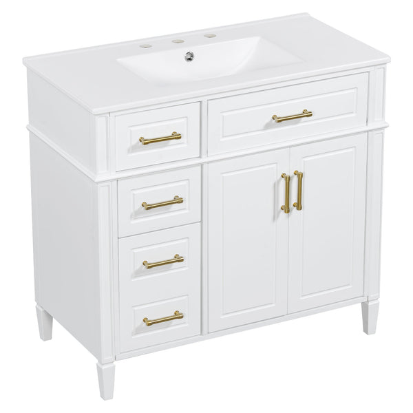 English Elm 36 Inch Freestanding Bathroom Vanity Sage Pine Cabinet Gold Hardware Ceramic Sink White N725P366466K