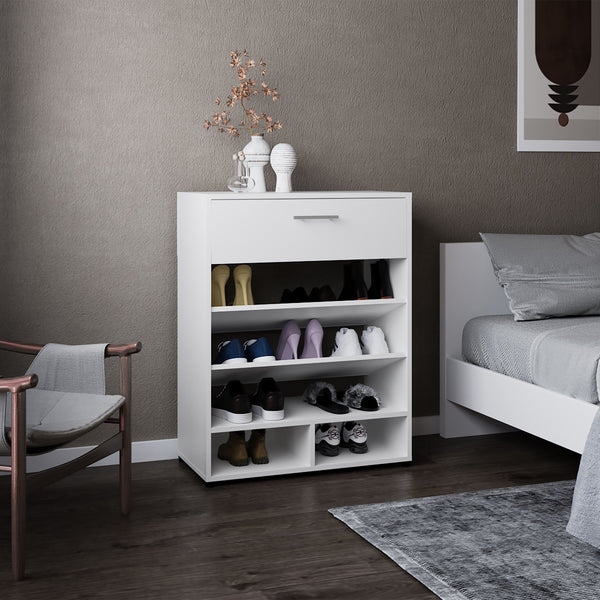 English Elm Alpine 3-Tier Shoe Rack with Drawer and Five Shelves — Compact White MDF Organizer for Entryways B200P335333