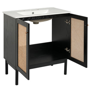 English Elm 30-inch bathroom vanity with handwoven rattan doors, ceramic sink, soft-close hinges, black bamboo elegance N729P285517B