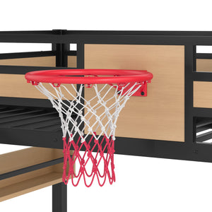 English Elm Twin Metal Loft Bed with Slide Basketball Hoop Climbing Wall and Built-in Shelves W1580S00632