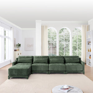 English Elm Four-Seater Sofa With Movable Ottoman - Elegant Green Chenille, Ergonomic Design & Easy Assembly W714S01221