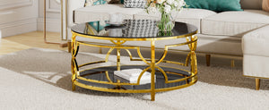 English Elm Round Tempered Glass Coffee Table with Gold Geometric Metal Base and Open Storage Shelf Black N735P396530B