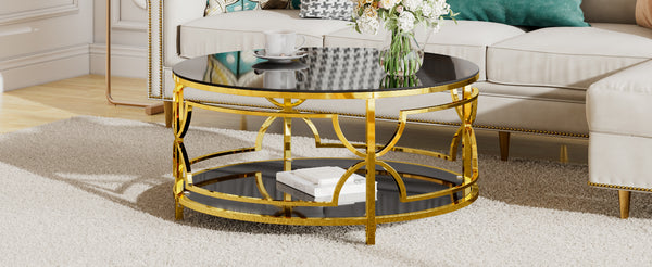 English Elm Round Tempered Glass Coffee Table with Gold Geometric Metal Base and Open Storage Shelf Black N735P396530B