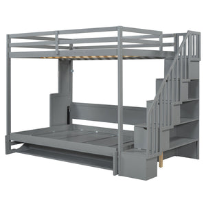 English Elm Full Over Murphy Bunk Bed with Hydraulic Lift Desk and Staircase Storage Gray LP200698AAE