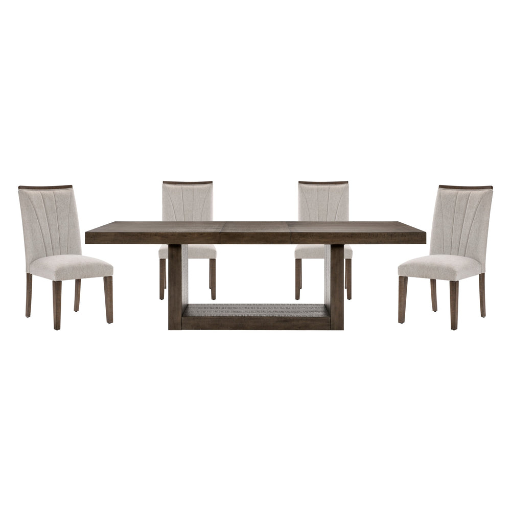 English Elm Contemporary Acacia Veneer Extendable Dining Set with Upholstered Fan-stitched Side Chairs B011S01602