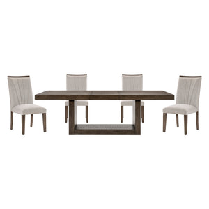 English Elm Contemporary Acacia Veneer Extendable Dining Set with Upholstered Fan-stitched Side Chairs B011S01602