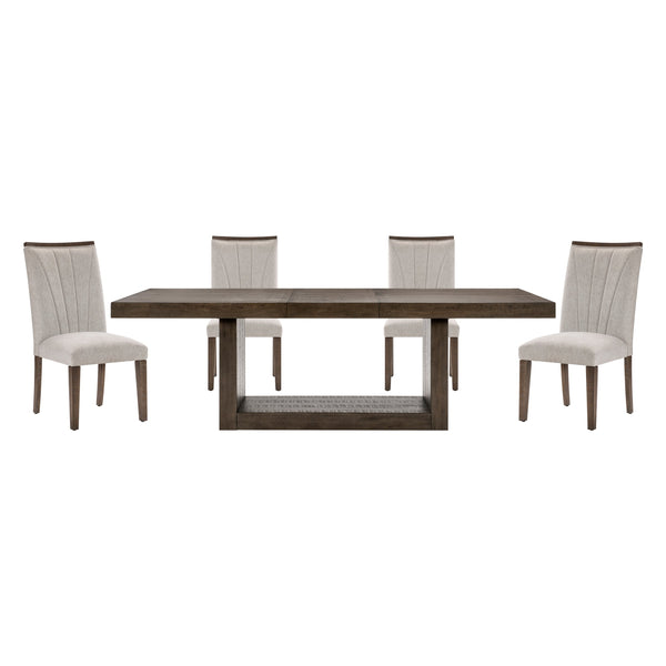 English Elm Contemporary Acacia Veneer Extendable Dining Set with Upholstered Fan-stitched Side Chairs B011S01602