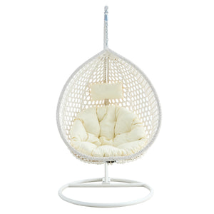 English Elm 76.8-inch Hand Woven Rattan Egg Swing Chair Indoor Outdoor with Cushion Lumbar Pillow White W1512P498593