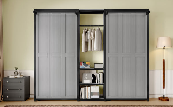 English Elm Twin Twin Murphy Bed with Metal Frame, Foldable 2-in-1 Space-Saving Design, Built-In Wardrobe, Shelves, Power Outlets and Durable Storage Solution Gray W1580S00148