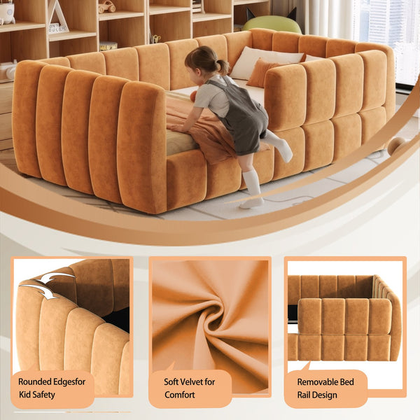 English Elm Upholstered Velvet Toddler Daybed with Removable Guardrails and Solid Slat Support Orange N899P452426C