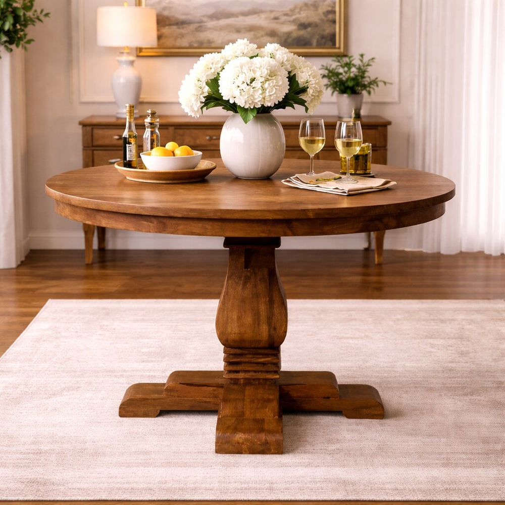 English Elm Solid Mango Wood Round Pedestal Dining Table Seats 4 with Natural Grain Character B182P480094