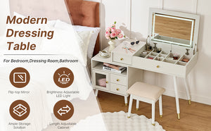English Elm 3-in-1 Vanity Desk with LED Flip Mirror, Compact Makeup/Dressing Table with Storage Drawers & Stool White N844P291656A