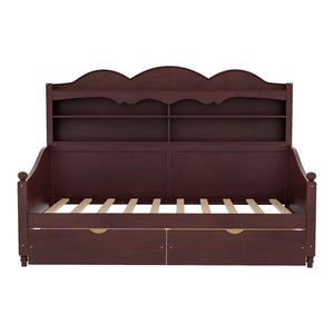 English Elm Twin Daybed Retro Wood Frame with Under Bed Drawers and Headboard Shelving Espresso N733S415358P