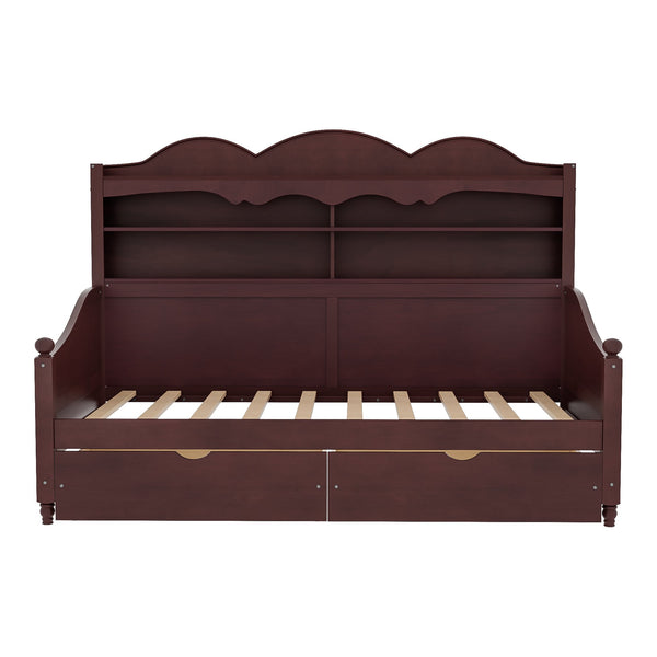 English Elm Twin Daybed Retro Wood Frame with Under Bed Drawers and Headboard Shelving Espresso N733S415358P