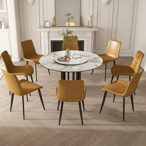 English Elm 53" Round Sintered Stone Dining Table With Lazy Susan & Carbon Steel Base - Modern Kitchen Elegance W2699S00042