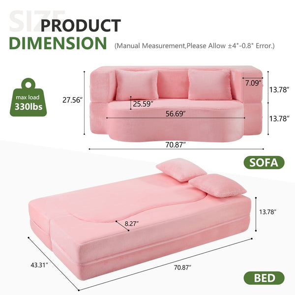 English Elm 71-inch plush folding sofa bed with high-density foam, faux fur futon convertible for guests and yoga Pink W1829P362300