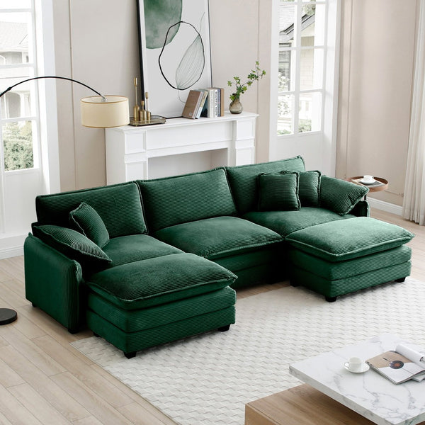 English Elm Oversized Modular Sofa In Green Corduroy - U-Shaped 3-Seater With Convertible Ottoman & Footstools W714S00738-GIGA