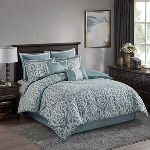 English Elm 8 Piece Jacquard Comforter Set - Luxurious Aqua/Silver Cal King Ensemble For Year-Round Elegance B035128884