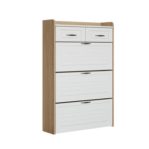 English Elm 1250 White & Oak Shoe Cabinet - Stylish 3-Door Storage With 2 Drawers For Organized Entryways & Bedrooms W1320P236452