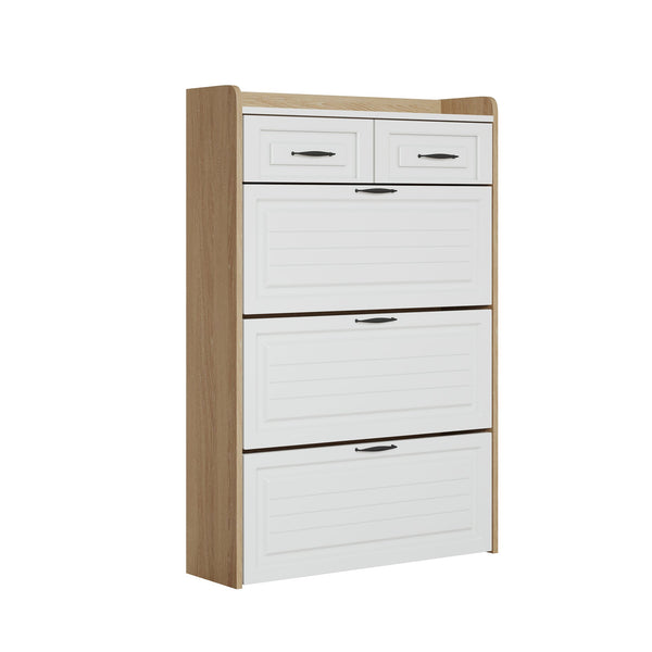 English Elm 1250 White & Oak Shoe Cabinet - Stylish 3-Door Storage With 2 Drawers For Organized Entryways & Bedrooms W1320P236452