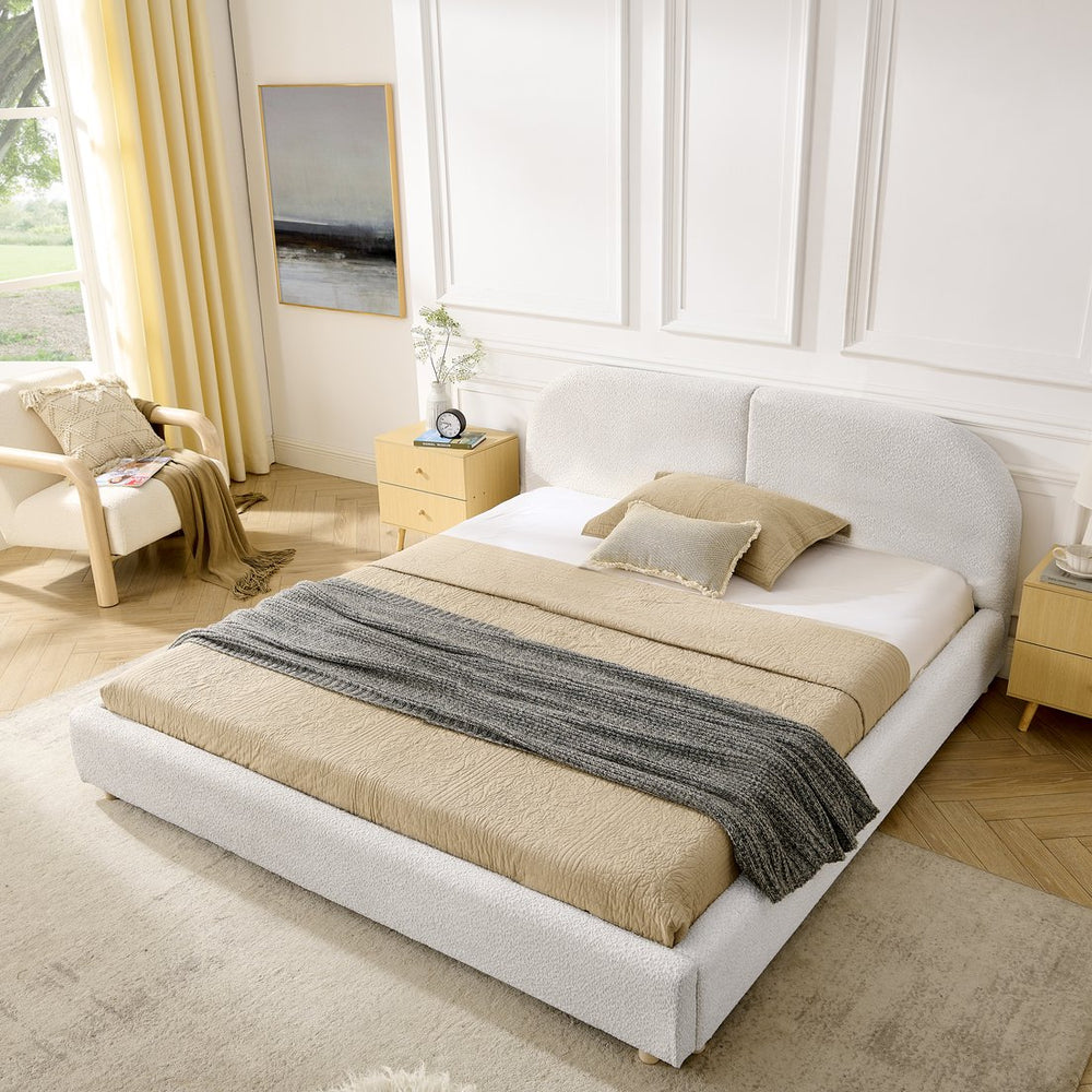 English Elm Queen Upholstered Bed with Tall Curved Headboard Soft Textured Fabric Modern Bedroom Beige W487S00485