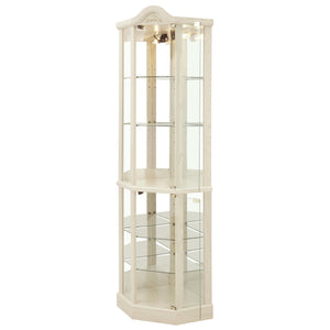 English Elm Lighted Corner Curio Cabinet With Adjustable Shelves, Elegant Carved Design & Integrated Lighting - White W1758P300128