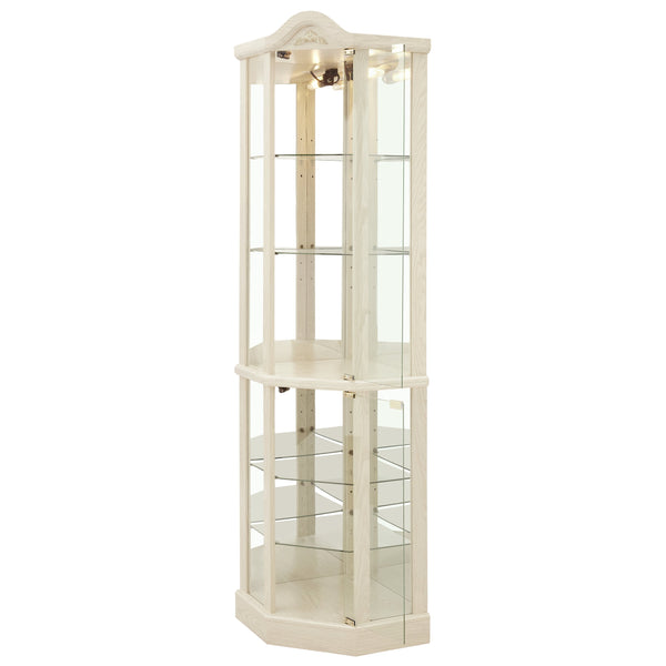 English Elm Lighted Corner Curio Cabinet With Adjustable Shelves, Elegant Carved Design & Integrated Lighting - White W1758P300128