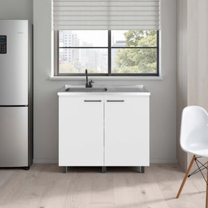 English Elm White Melamine Utility Sink Cabinet with Open Shelving for Laundry and Mudroom B062S01871