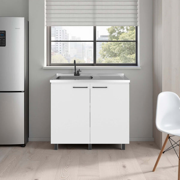 English Elm White Melamine Utility Sink Cabinet with Open Shelving for Laundry and Mudroom B062S01871