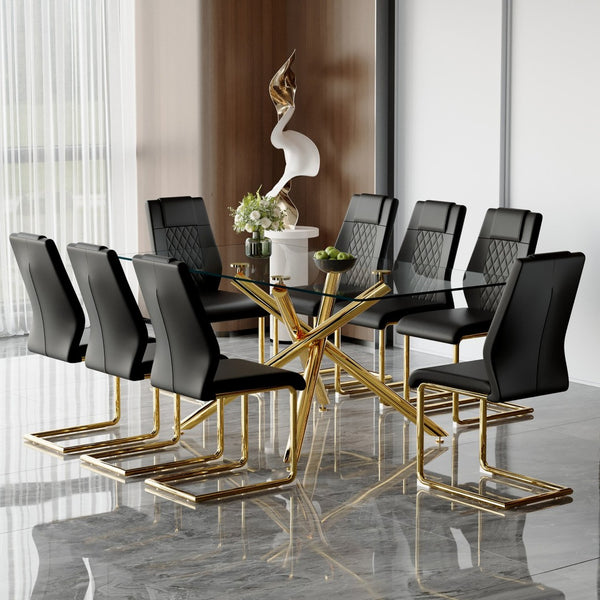 English Elm Table Set: Modern 9-Piece Luxurious Transparent Glass Dining Set With 8 Black Pu Chairs & Gold Legs W1151S02590-GIGA