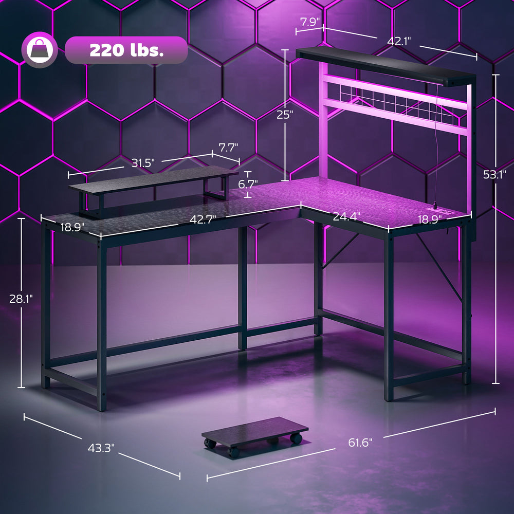 English Elm Computer L Shaped Gaming Desk with Rgb Lighting Power Hub Monitor Stand and Cpu Shelf T3971P411868