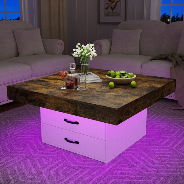 English Elm Coffee Table Square Led Lit Engineered Wood Farmhouse Design with Storage Drawers White W1550P317688
