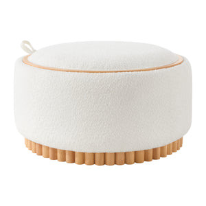 English Elm 29" Round Boucle Storage Ottoman Sculptural Wood Base Reversible Lid Living Room Beige N723P405304A
