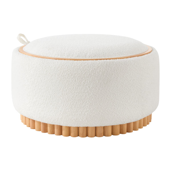 English Elm 29" Round Boucle Storage Ottoman Sculptural Wood Base Reversible Lid Living Room Beige N723P405304A