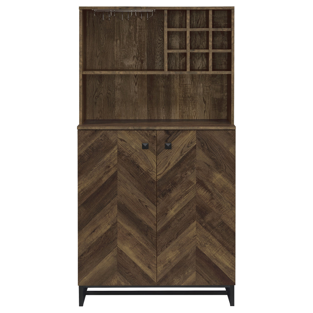 English Elm Harlie Rustic Oak Herringbone Wine Cabinet with Black Metal Accents, Glassware Storage, 62.5"H B062P351439