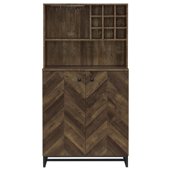 English Elm Harlie Rustic Oak Herringbone Wine Cabinet with Black Metal Accents, Glassware Storage, 62.5"H B062P351439
