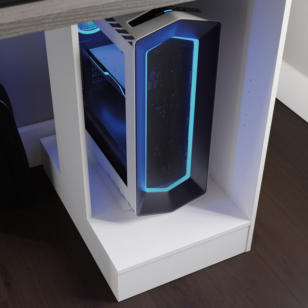 English Elm Gaming Desk White Finish with Dual Drawers & Adjustable Shelf for Cooling Airflow, Modern Durable Design B356P402674