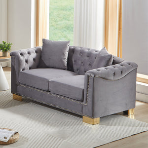 English Elm {video] Chesterfield Two-seater Velvet Sofa with Nailhead Trim and Tufted Gold Leg Luxury Grey W1926S00105