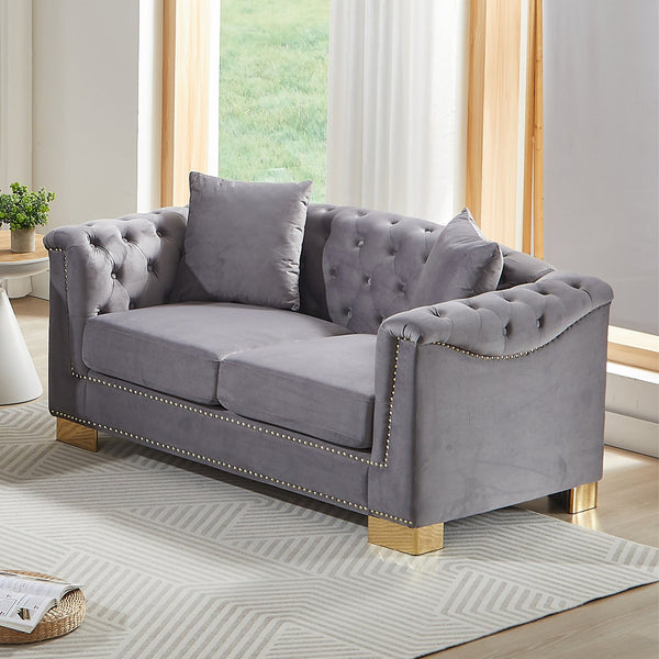 English Elm {video] Chesterfield Two-seater Velvet Sofa with Nailhead Trim and Tufted Gold Leg Luxury Grey W1926S00105