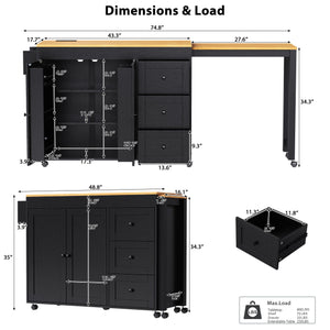 English Elm K&K 43.3" Kitchen Island with 27.6" Extendable Dining Table, Power Outlet, 7 Wheels, Ample Storage Black N707P303401B