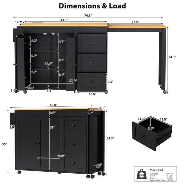 English Elm K&K 43.3" Kitchen Island with 27.6" Extendable Dining Table, Power Outlet, 7 Wheels, Ample Storage Black N707P303401B