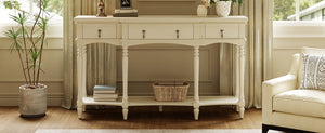 English Elm [video] Solid Pine Console Table Ornate Carved Legs Copper Hardware Soft-close Drawers White N759P433566K