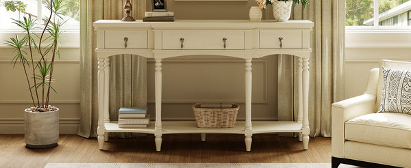 English Elm [video] Solid Pine Console Table Ornate Carved Legs Copper Hardware Soft-close Drawers White N759P433566K