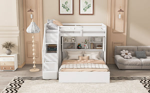 English Elm Twin Over Full Bunk Bed with Wardrobe Storage Stairs Shelves and Usb Charging White LT000292AAK