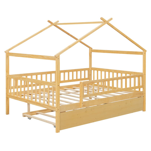 English Elm Full Size Pine House Bed with Roofline Frame and Roll Out Twin Trundle for Kids Natural LP100306AAN