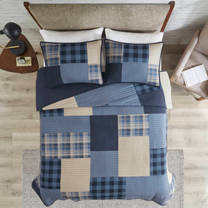English Elm 3-piece Patchwork Cotton Quilt Set Navy Denim Plaid Coastal Bedroom Bedding B035P463257