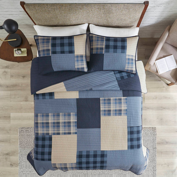 English Elm 3-piece Patchwork Cotton Quilt Set Navy Denim Plaid Coastal Bedroom Bedding B035P463257