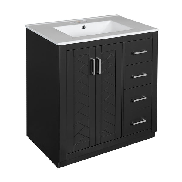 English Elm 30'' Bathroom Vanity With Ceramic Sink - Retro Freestanding Storage Cabinet, Soft-Close Drawers & Doors N710P191947B