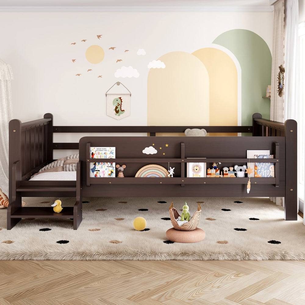 English Elm Twin Pine Floor Bed for Kids with Side Bookcases Built-in Stairs and Safety Guardrails Espresso W1580P390226